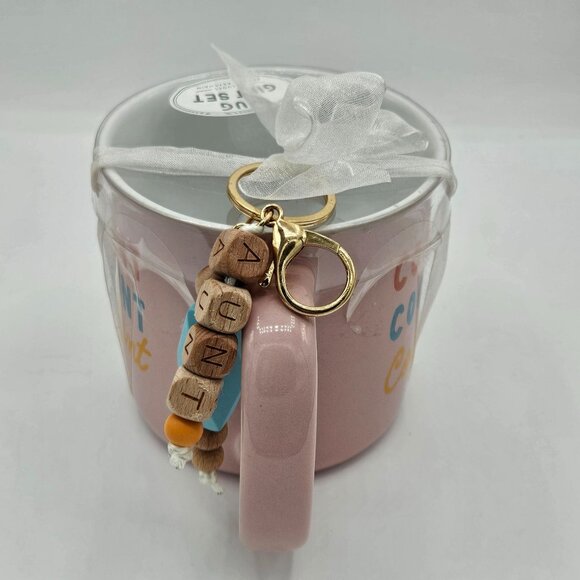 Cool Aunt Pink Ceramic Mug Gift Set With Beaded Keychain Accessory Mug Hot Choco - Picture 2 of 7